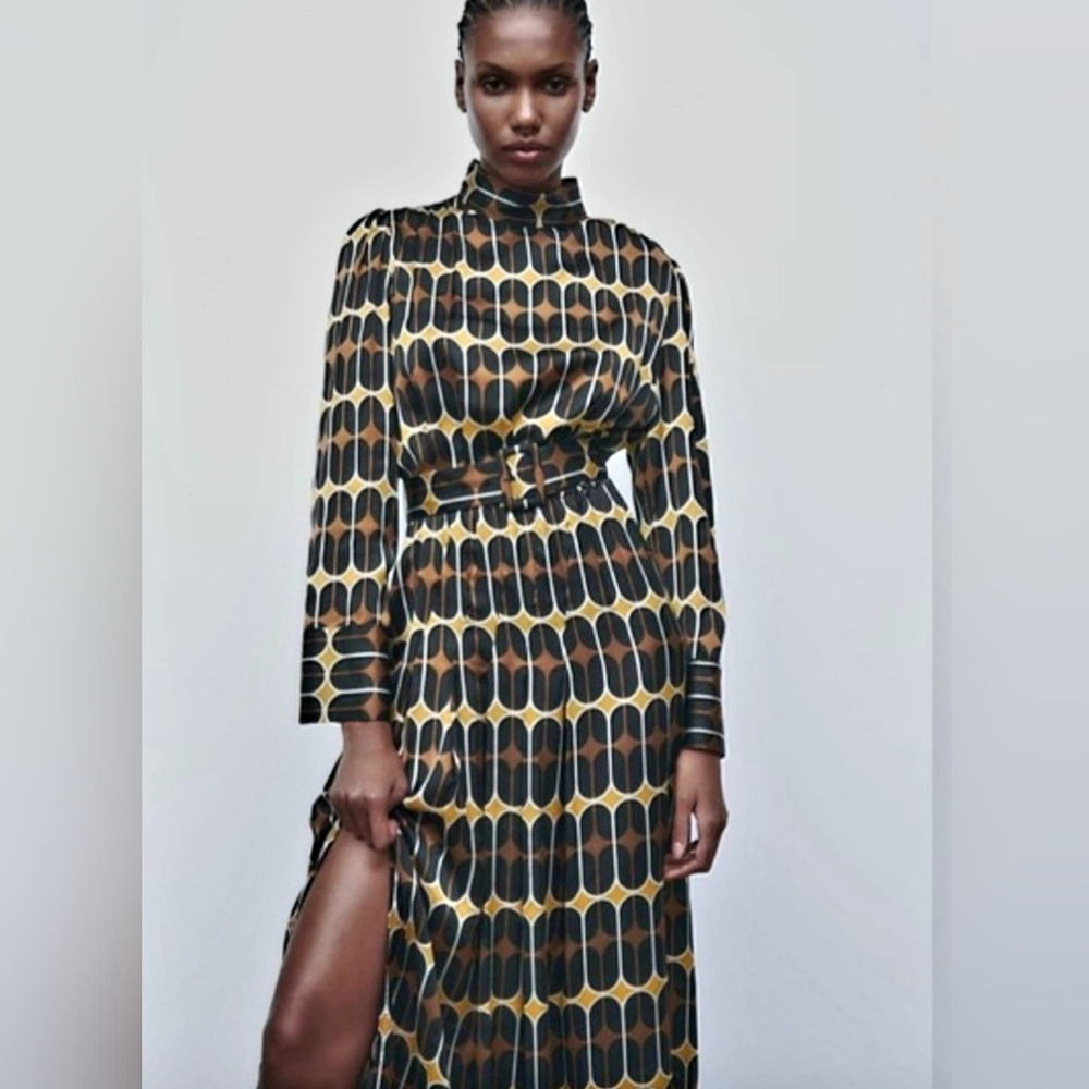 Zara Geometric Dress Long Sleeves Brown Yellow Small Satin Belted.